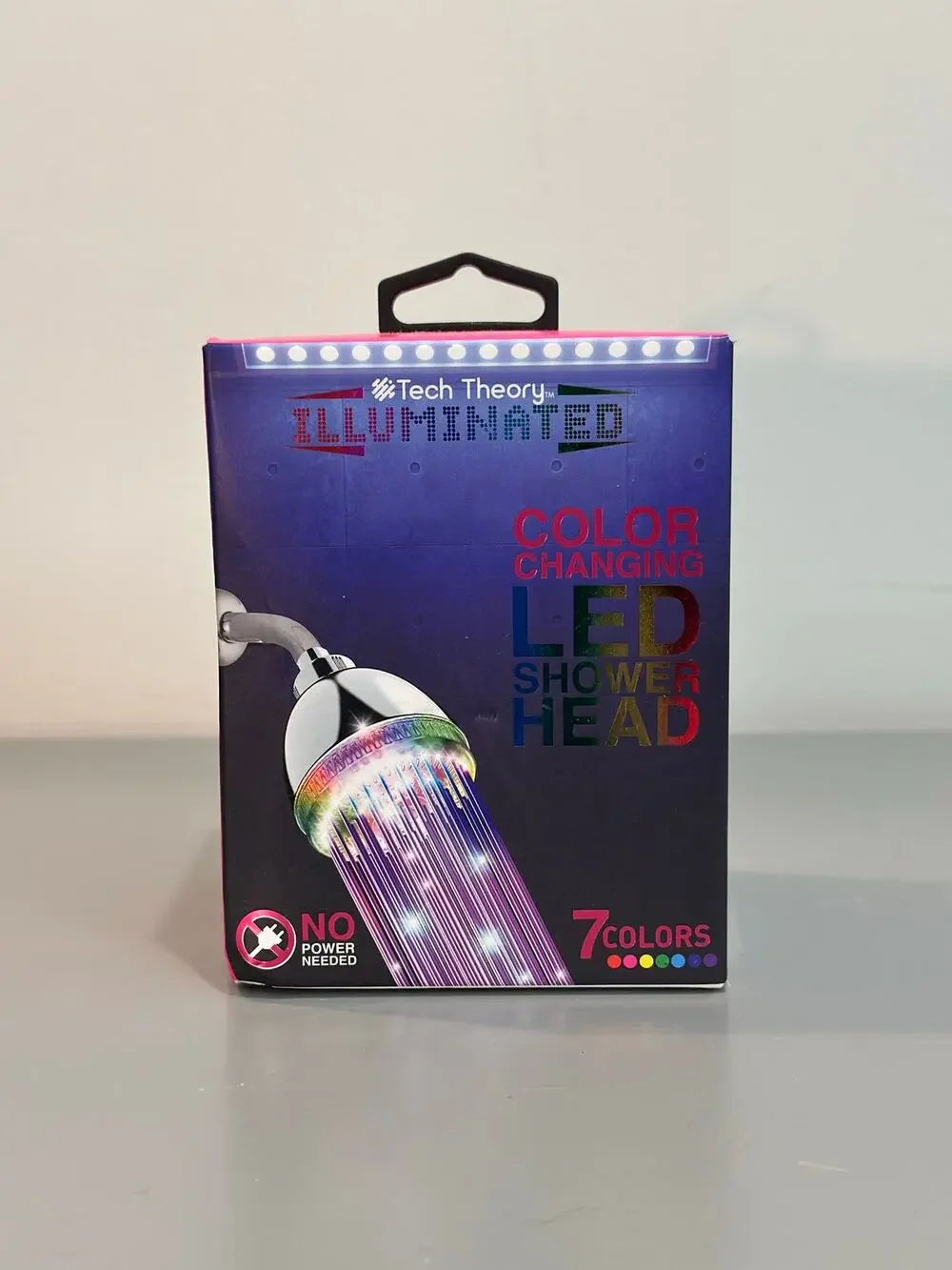 NIB Tech Theory Color Changing LED Shower Head 7 Colors Water Powered Chrome